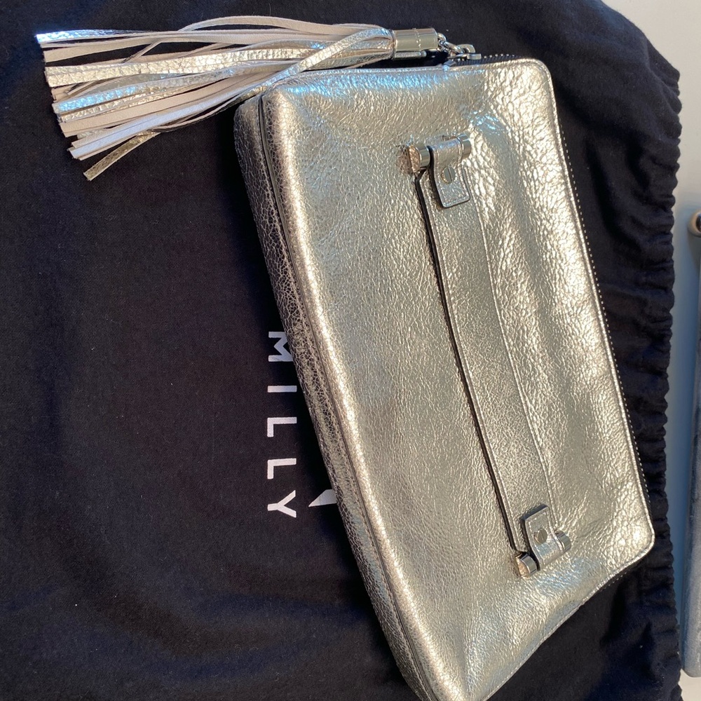 Silver Leather Clutch with Tassel